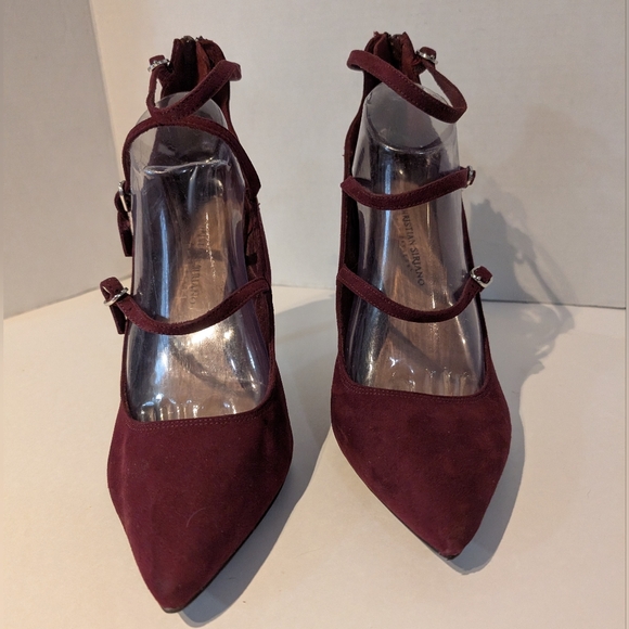 Burgundy Faux Suede 3 Strap Stilleto Heels Sz.10W Christian Siriano‎ - Picture 4 of 15